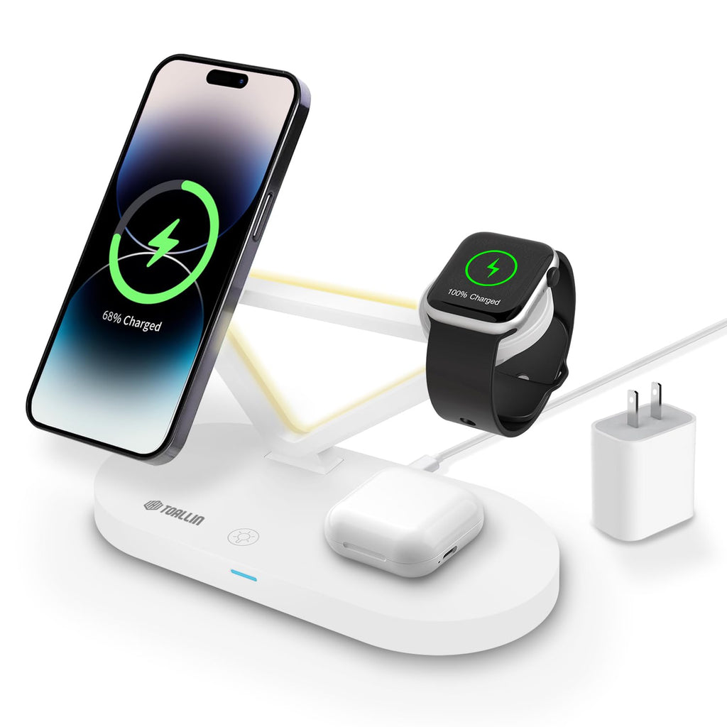 TOALLIN 5-in-1 Magnetic Wireless Charging Station with Night Light Wireless Charger for iPhone12 13 14 15 Pro Max & Airpods & iWatch Series Fast Charging Stand Dock for Apple Multiple Devices