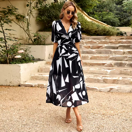 V-Neck Printed Slim-Fit Beach Maxi Dress