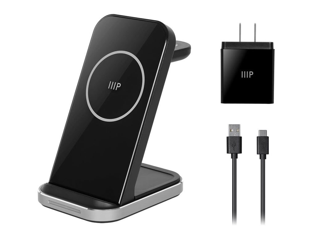 Monoprice 3‑in‑1 Wireless Charging Station for iPhone Apple Watch AirPods Bundled with Quick Charge 3.0 Wall Charger Fast Charging Triple Sense LED Indicator Detachable Watch Charger