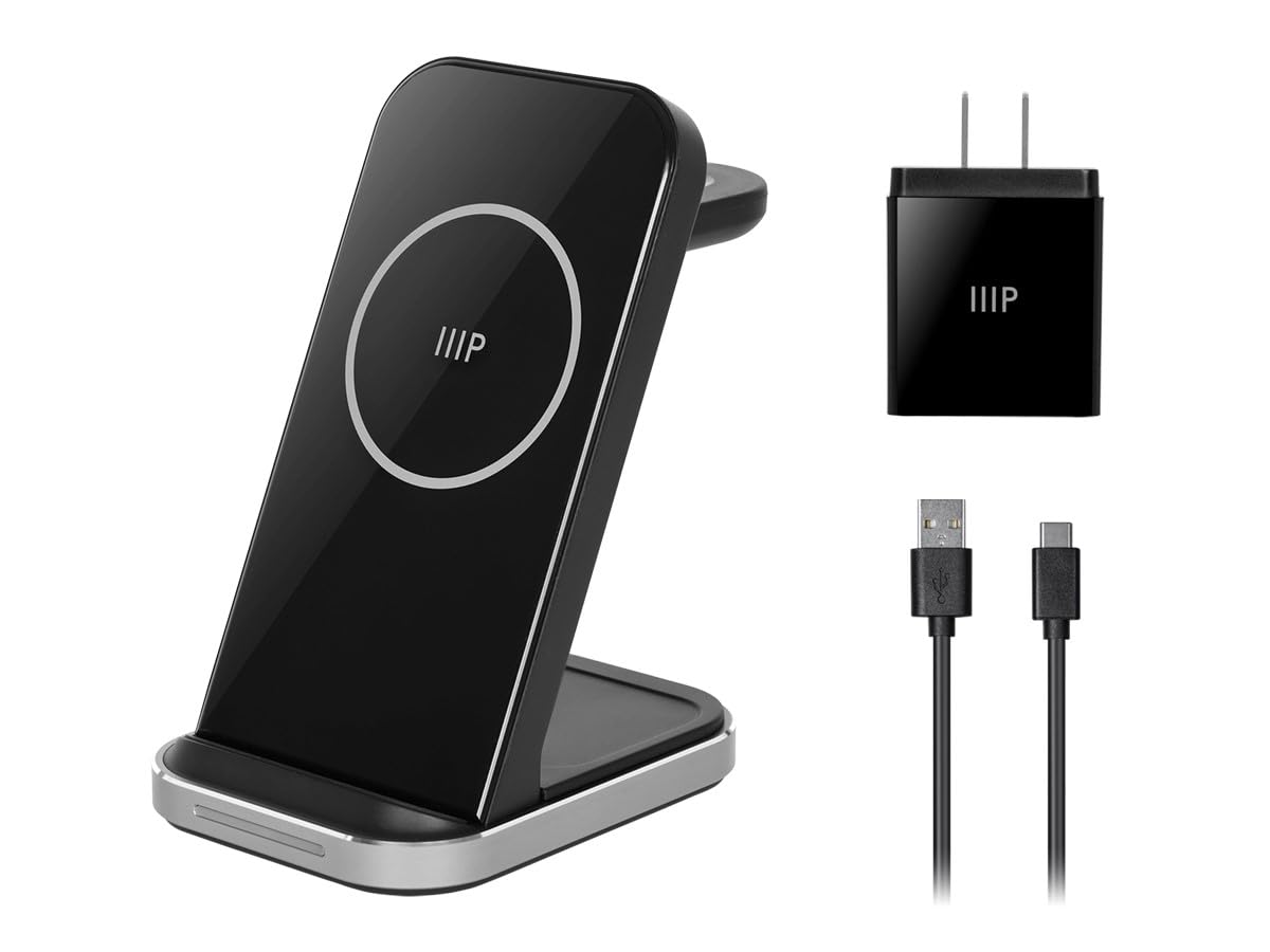 Monoprice 3‑in‑1 Wireless Charging Station for iPhone Apple Watch AirPods Bundled with Quick Charge 3.0 Wall Charger Fast Charging Triple Sense LED Indicator Detachable Watch Charger