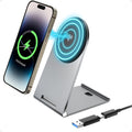 Wireless Charger Stand Qi2 Certified Mag-Safe 15W Fast Charging avedio links Foldable Portable Magnetic Wireless Charging Station Compatible with iPhone 16/15/14/13/12 Series AirPods (Silver)