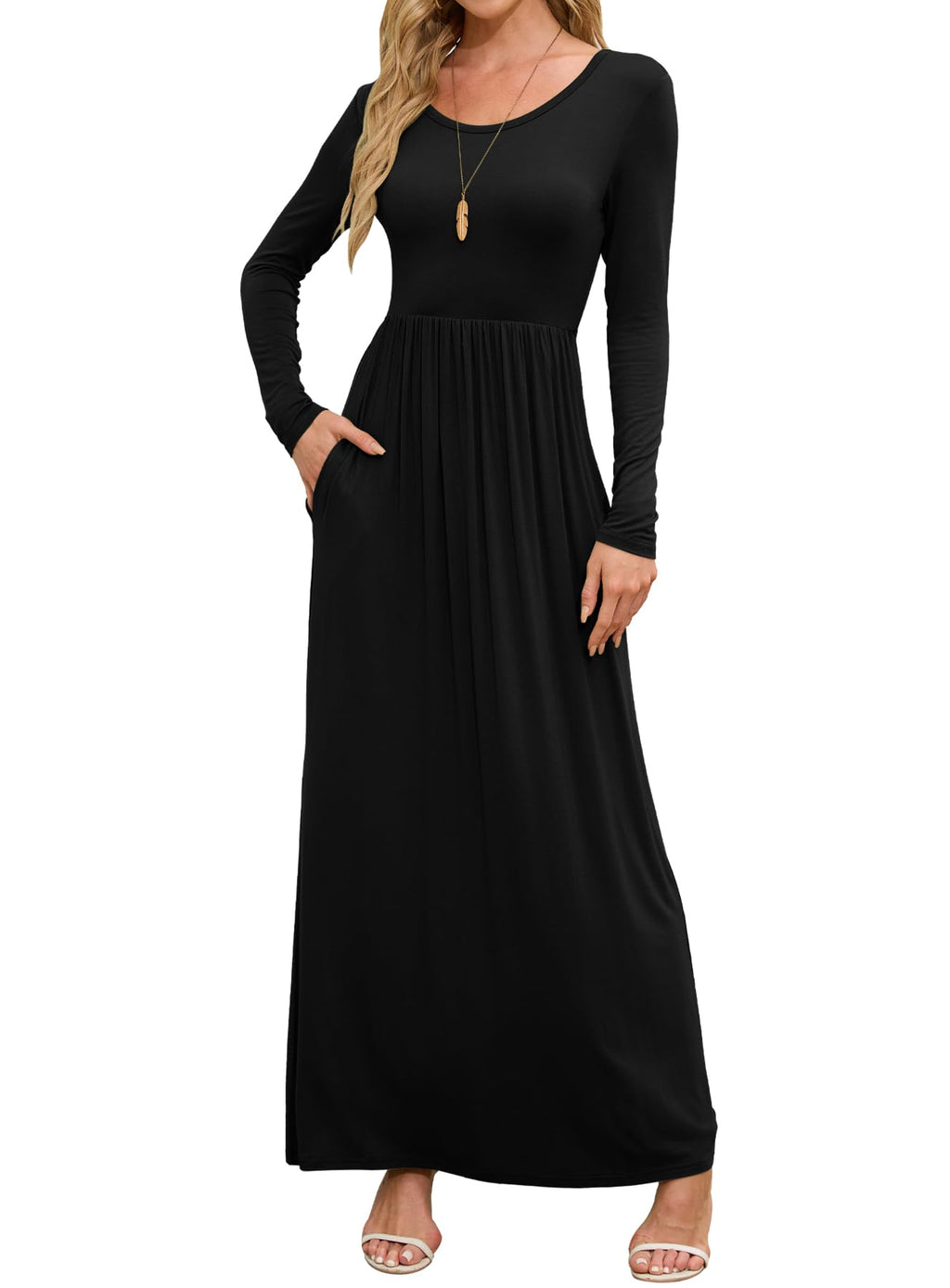 DEARCASE Women Dress Black Large Crewneck Long Sleeves Maxi Wedding Guest A-line Plain Casual Empire Waist Flowy Party Vintage Spring Fall Winter Floor Dresses with Pocket