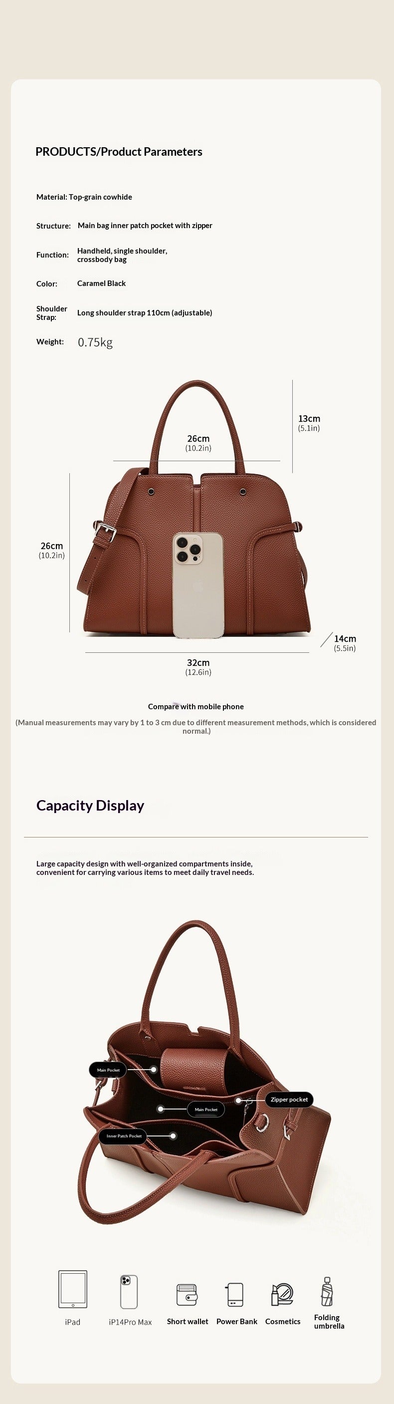 Women's Large Capacity Cowhide Tote Bag