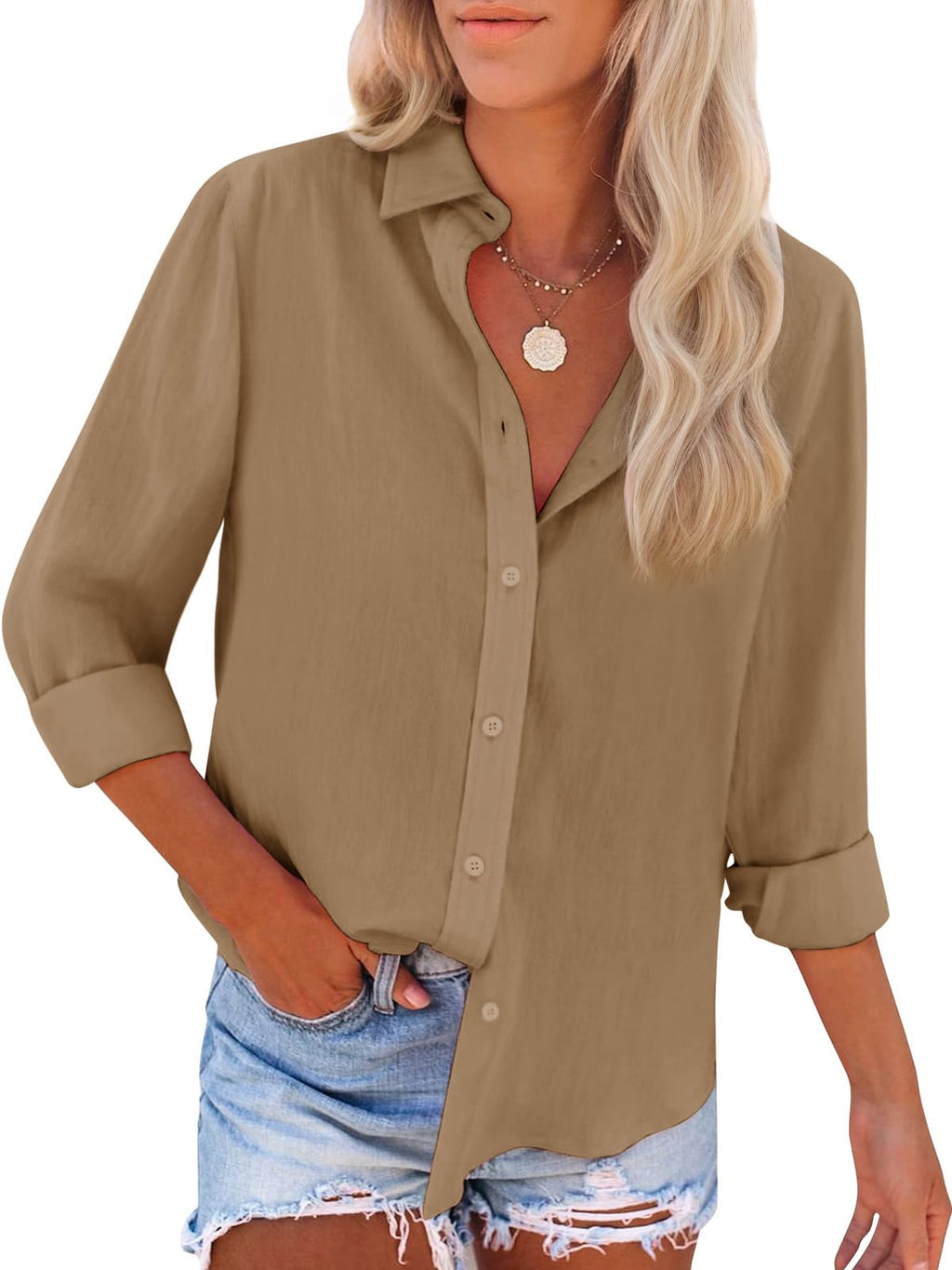 siliteelon Button Down Shirts for Women Dress Shirts Long Sleeve Wrinkle-Free Blouse Casual Solid Office Work Tunic Top - Khaki XS
