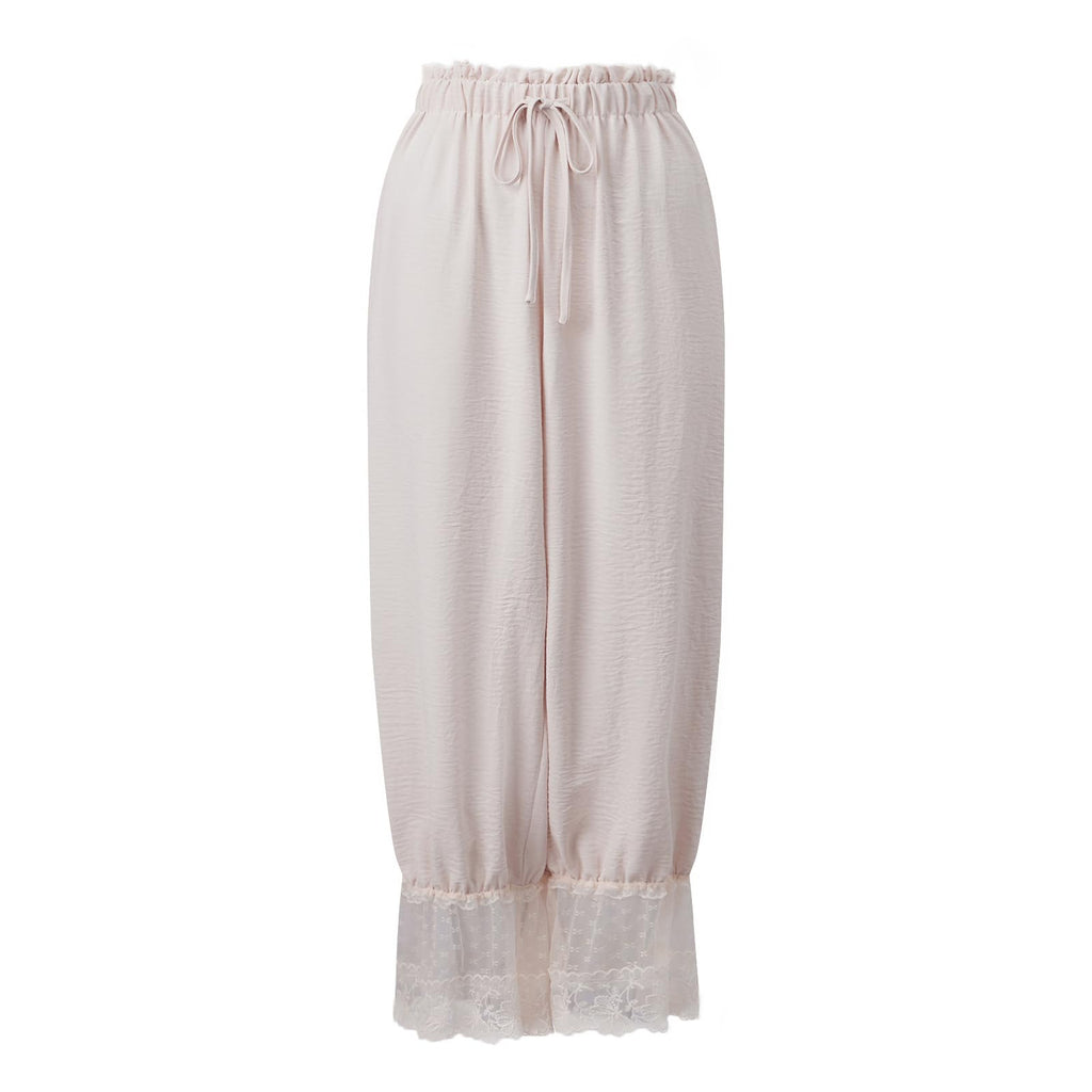 Women Bloomers Pants Y2K Flare Lace Trim Vintage Pantaloons Cute Ruffled Pumpkin Pants Capri Pajama Bottoms (APRICOT, L)