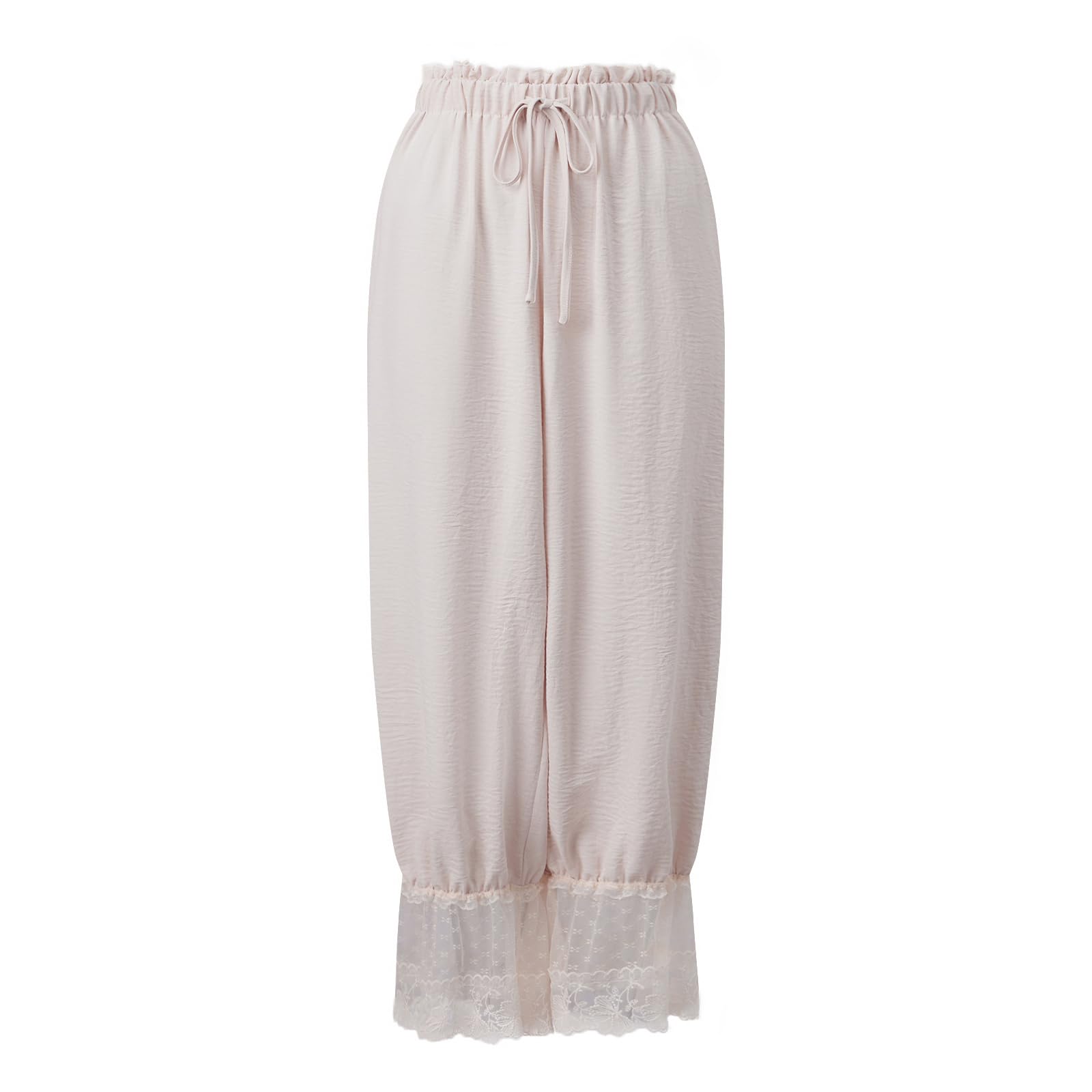 Women Bloomers Pants Y2K Flare Lace Trim Vintage Pantaloons Cute Ruffled Pumpkin Pants Capri Pajama Bottoms (APRICOT, L)