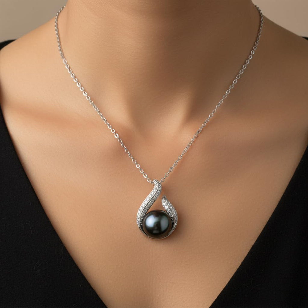 TRYNDI Real Tahitian Black Pearl Necklace Gifts for Women - Larger 11-12mm Luxury Pearl, Mothers Day Gifts For Wife - Christmas Valentines Soulmate Necklace For Women (Black Pearl Hook)