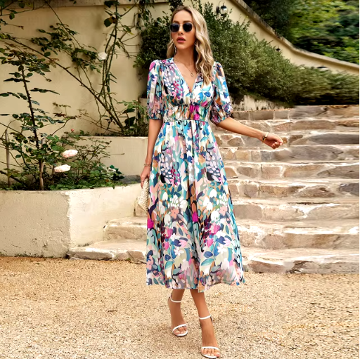 V-Neck Printed Slim-Fit Beach Maxi Dress