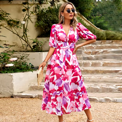 V-Neck Printed Slim-Fit Beach Maxi Dress