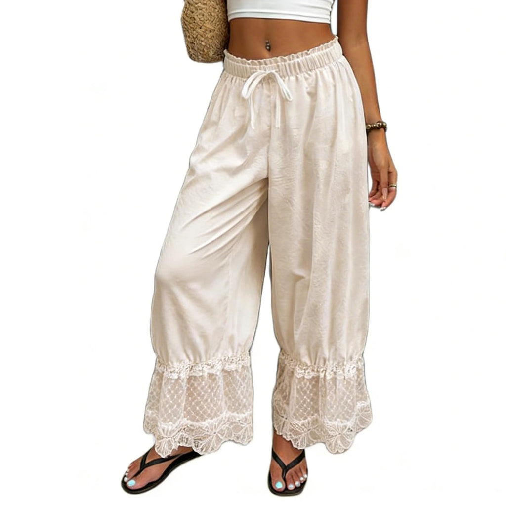 Women Bloomers Pants Y2K Flare Lace Trim Vintage Pantaloons Cute Ruffled Pumpkin Pants Capri Pajama Bottoms (APRICOT, L)