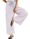TARSE Women's Wide Leg Pants Drawstring Striped Palazzo Trousers Casual Loose Boho Lounge Pants with Pockets(PinkWhite, S)