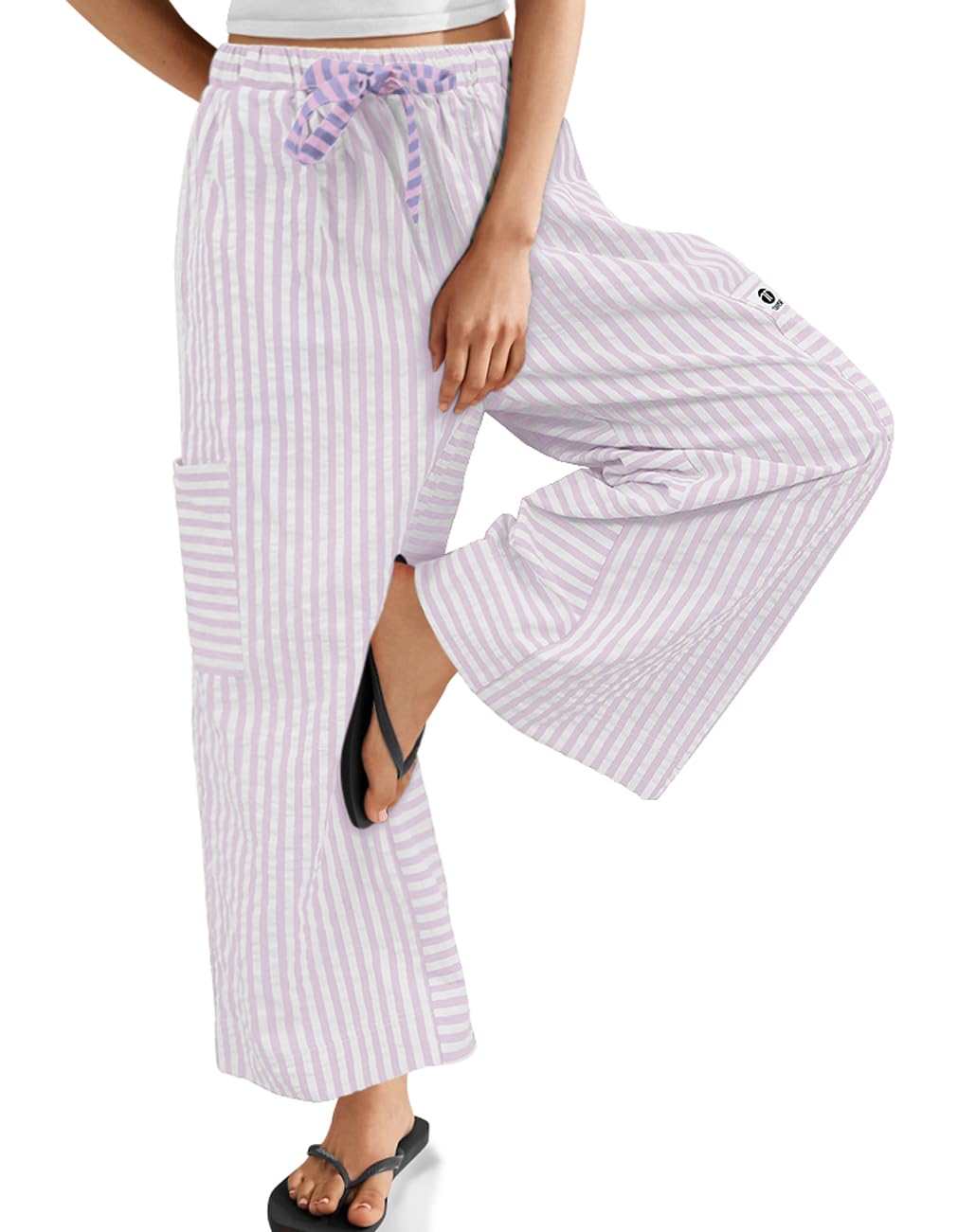 TARSE Women's Wide Leg Pants Drawstring Striped Palazzo Trousers Casual Loose Boho Lounge Pants with Pockets(PinkWhite, S)