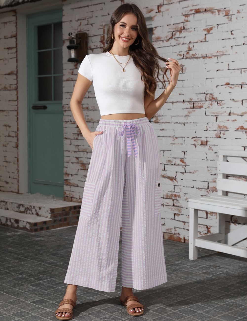 TARSE Women's Wide Leg Pants Drawstring Striped Palazzo Trousers Casual Loose Boho Lounge Pants with Pockets(PinkWhite, S)