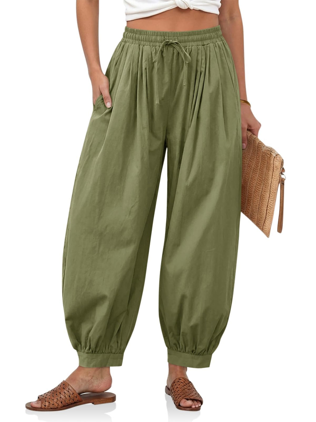Cicy Bell Womens Baggy Pleated Harem Pants Summer Elastic High Waisted Wide Leg Balloon Cotton Lounge Pants Army Green