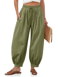 Cicy Bell Womens Baggy Pleated Harem Pants Summer Elastic High Waisted Wide Leg Balloon Cotton Lounge Pants Army Green