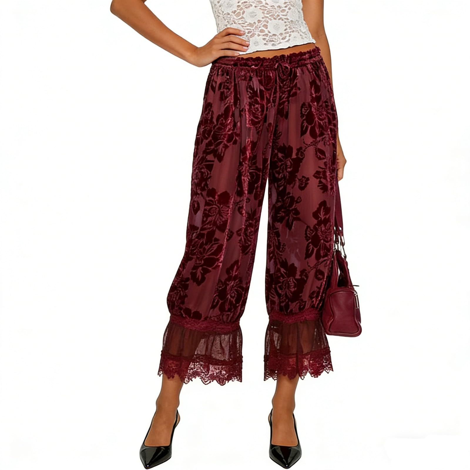 Women Lace Trim Long Bloomers Y2k Elastic Mid Rise Floral Ruffle Pantaloons Flared Slips Pants Pajama Bottoms (Fuchsia, L)