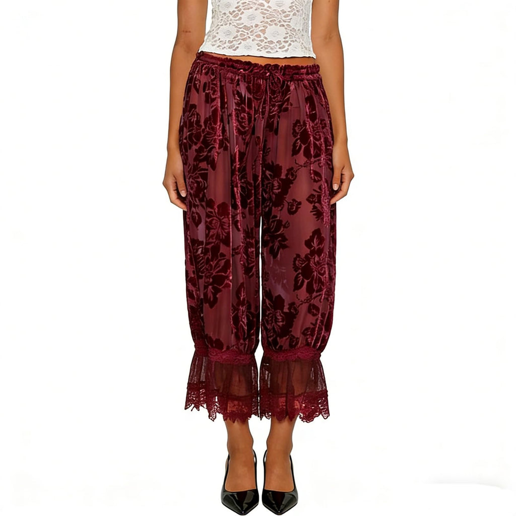 Women Lace Trim Long Bloomers Y2k Elastic Mid Rise Floral Ruffle Pantaloons Flared Slips Pants Pajama Bottoms (Fuchsia, L)