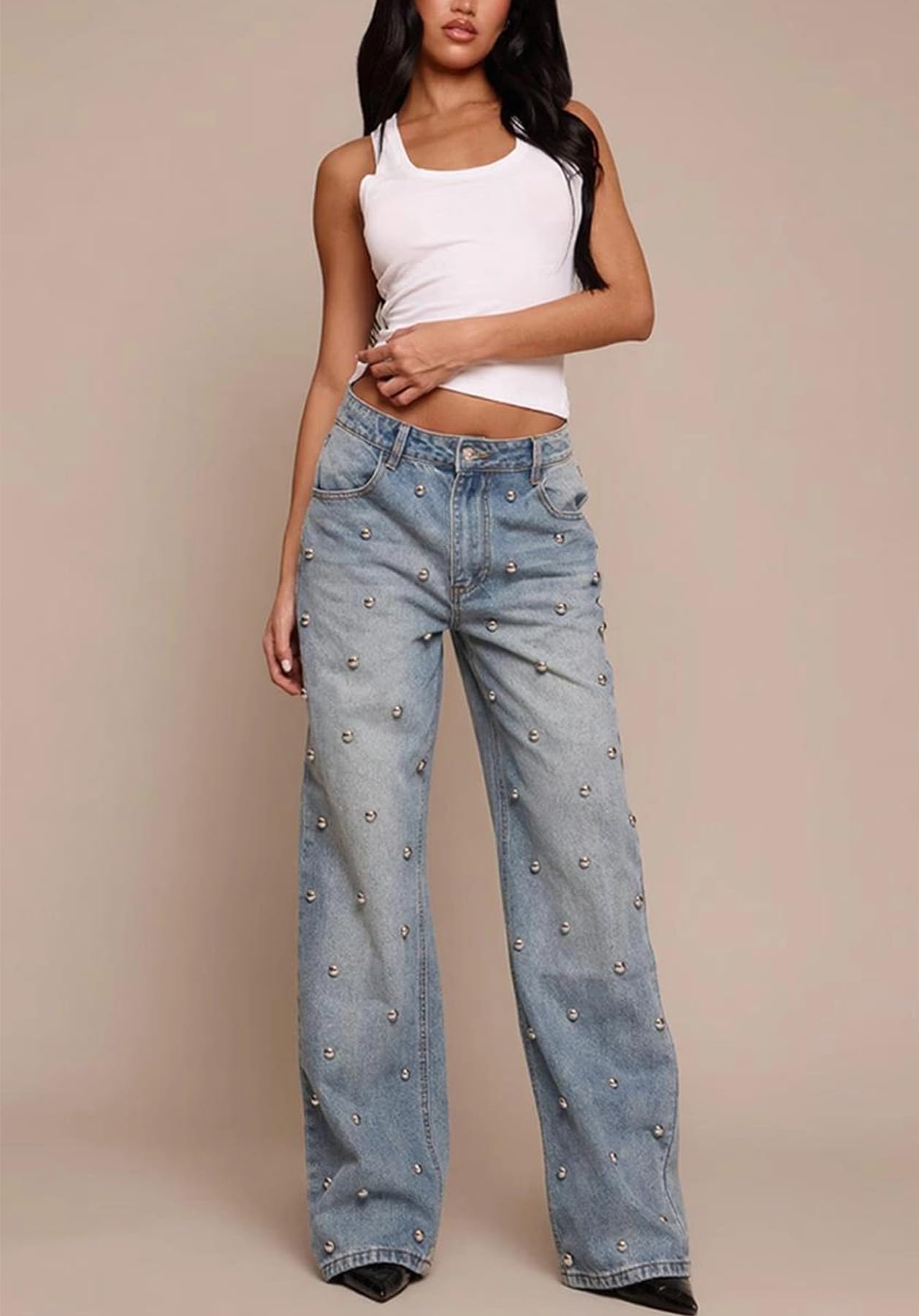 Unybwonn Woman Rhinestone Jeans Baggy Y2k High Waisted Straight Wide Leg Denim Pants Sexy Sparkly Bling Glitter Trousers Blue