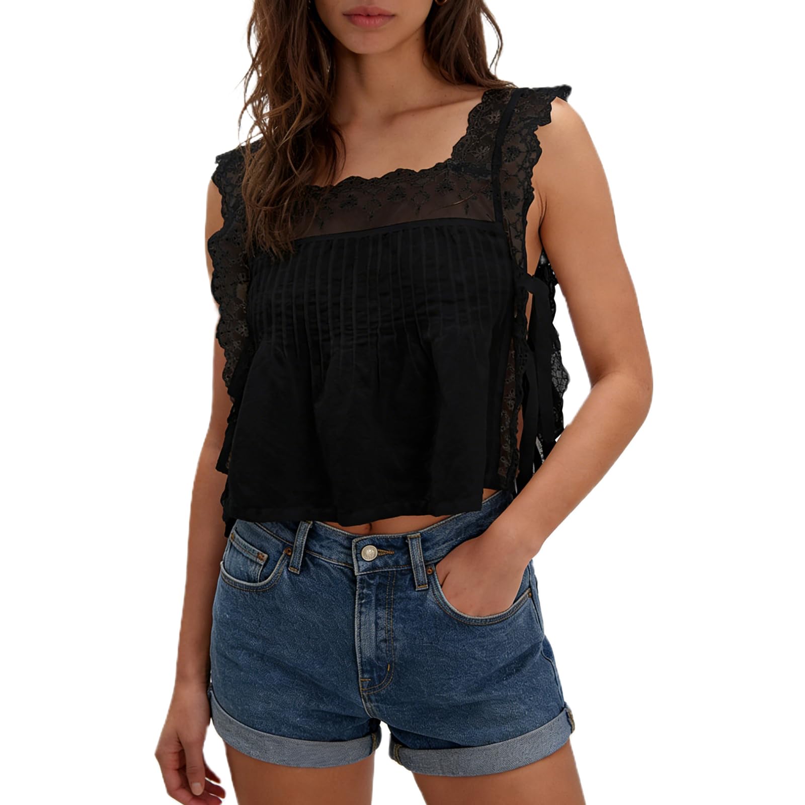 Women Lace Vest Tanks Y2K Sleeveless Split Side Tie Tank Top Sheer Ruffle Cami Shirt Summer Going Out Crop Tops(Black, Small)