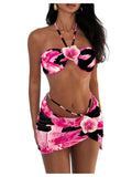 SOLY HUX Women's 3 Piece Swimsuit Floral Halter Bikini Set Beach Vacation Bathing Suit with Drawstring Cover Up Skirt Black Floral X-Small