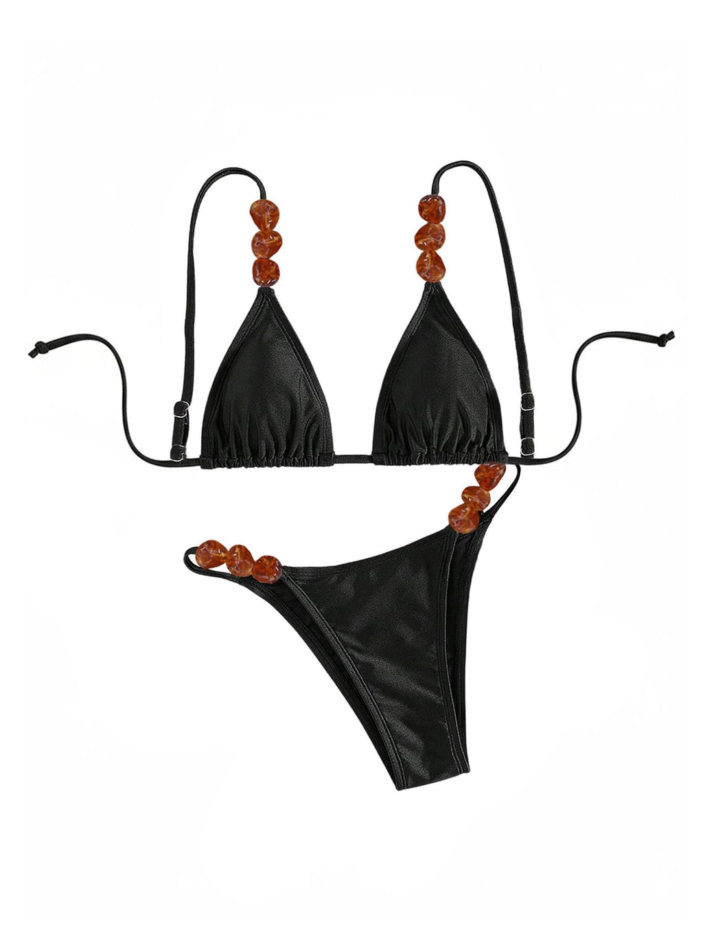OYOANGLE Women's Triangle Thong Beaded Bikini Set 2 Piece String High Cut Swimsuits Bathing Suits Black X-Small