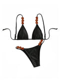 OYOANGLE Women's Triangle Thong Beaded Bikini Set 2 Piece String High Cut Swimsuits Bathing Suits Black X-Small