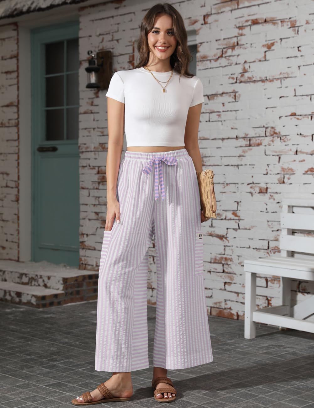 TARSE Women's Wide Leg Pants Drawstring Striped Palazzo Trousers Casual Loose Boho Lounge Pants with Pockets(PinkWhite, S)