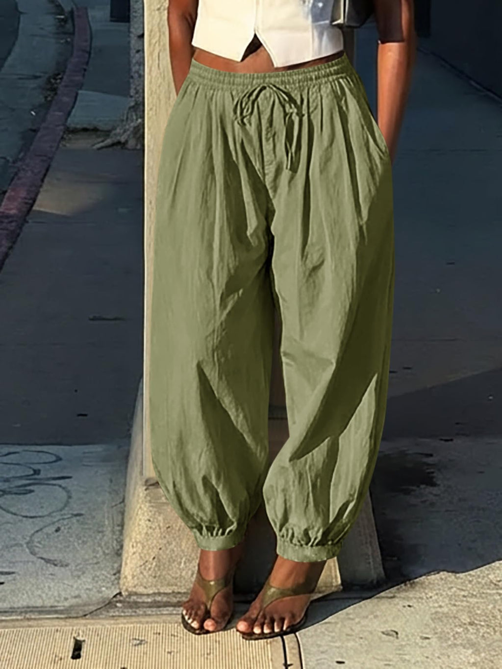 Cicy Bell Womens Baggy Pleated Harem Pants Summer Elastic High Waisted Wide Leg Balloon Cotton Lounge Pants Army Green