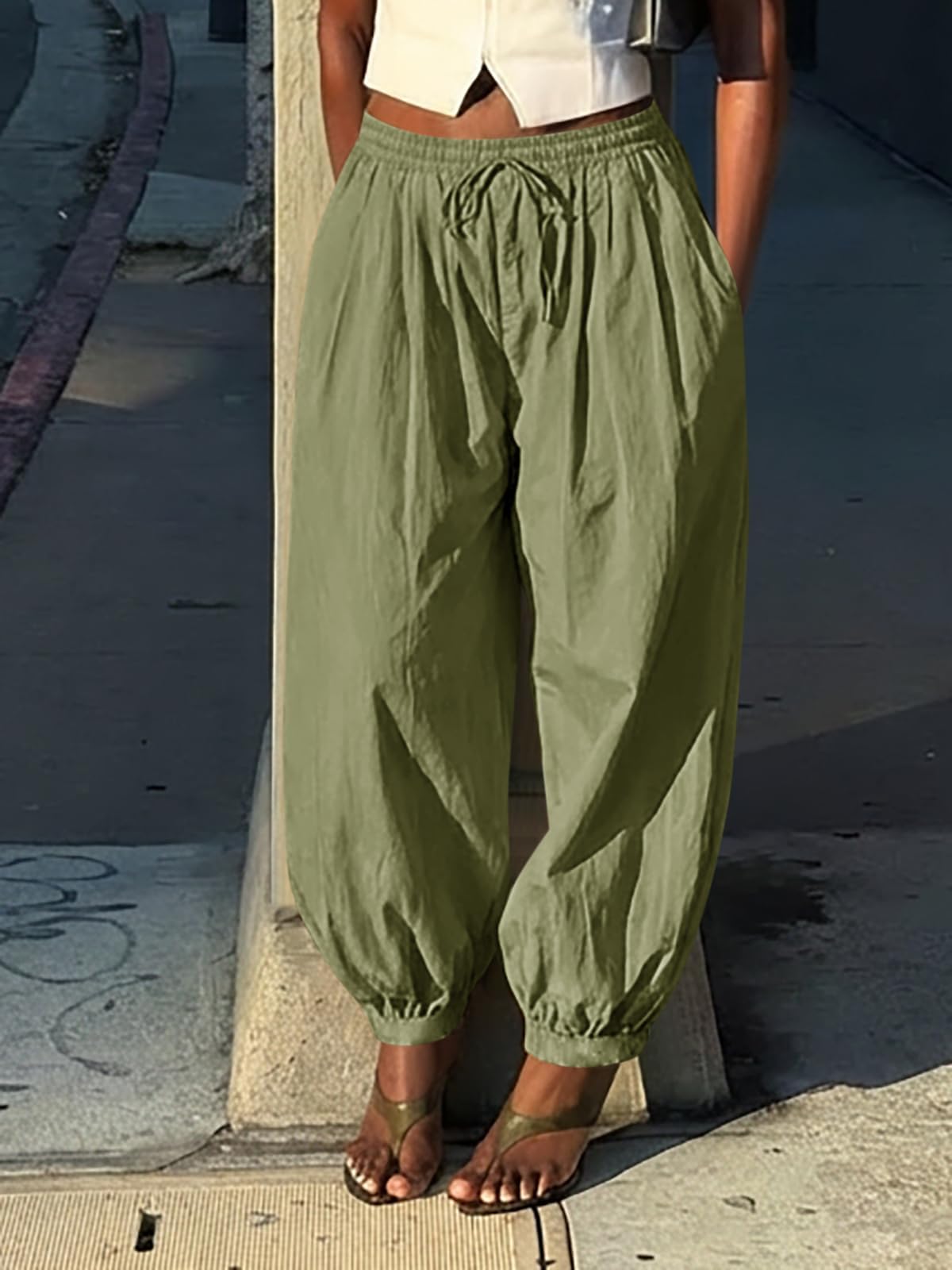 Cicy Bell Womens Baggy Pleated Harem Pants Summer Elastic High Waisted Wide Leg Balloon Cotton Lounge Pants Army Green