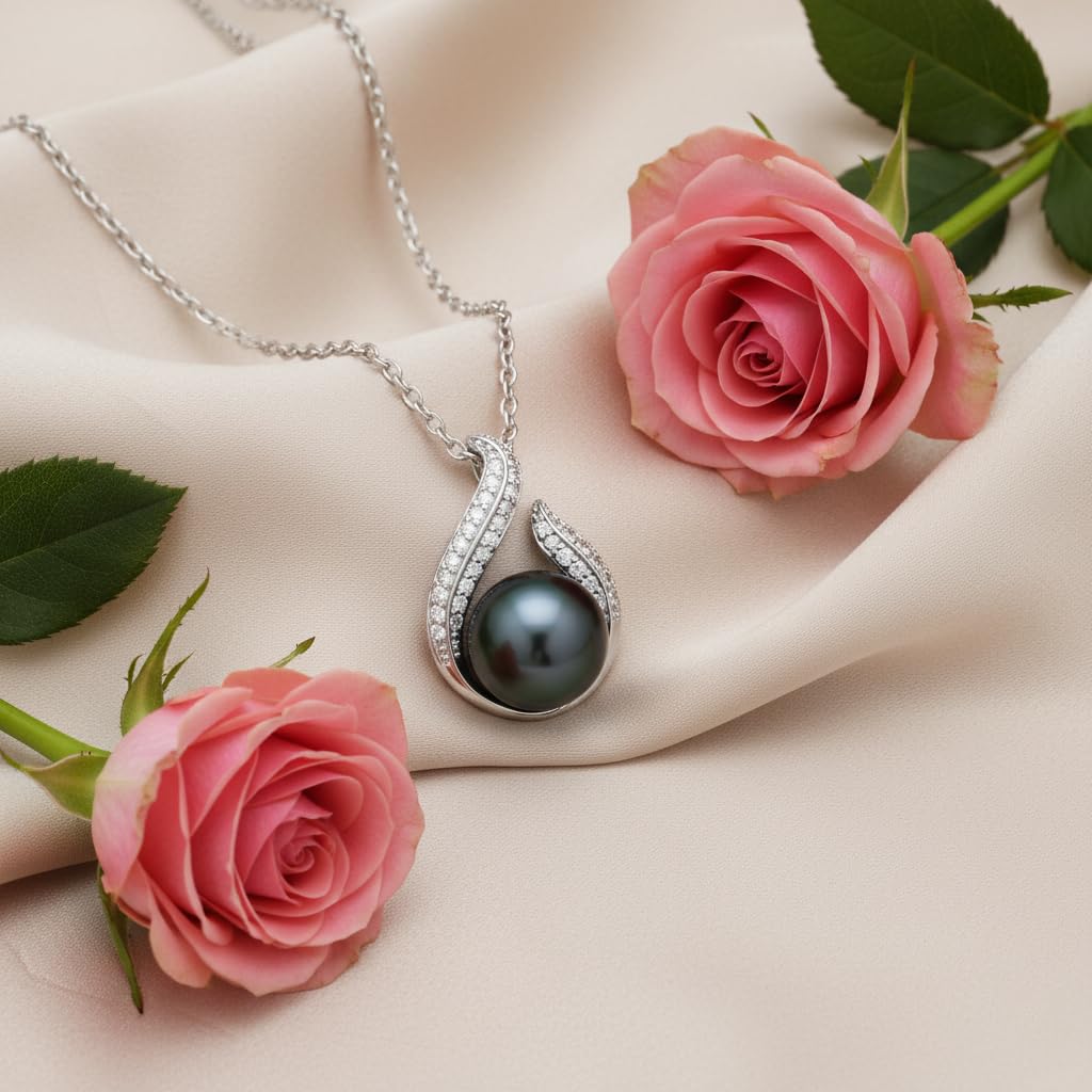 TRYNDI Real Tahitian Black Pearl Necklace Gifts for Women - Larger 11-12mm Luxury Pearl, Mothers Day Gifts For Wife - Christmas Valentines Soulmate Necklace For Women (Black Pearl Hook)