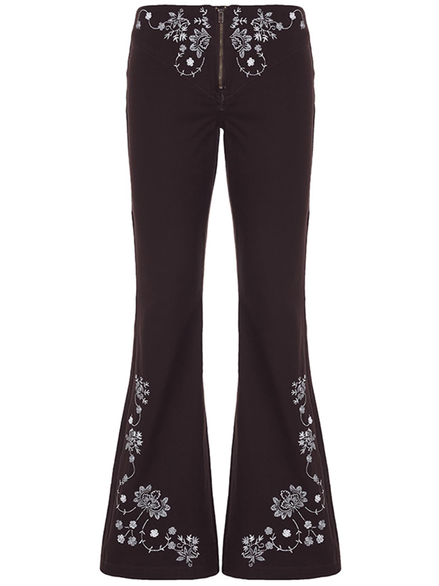 Women Bell Bottom Jeans Stretchy Flare Mid Rise Embroidery Vintage Zipper Denim Pants 90s Outfits Y2k Clothes Brown