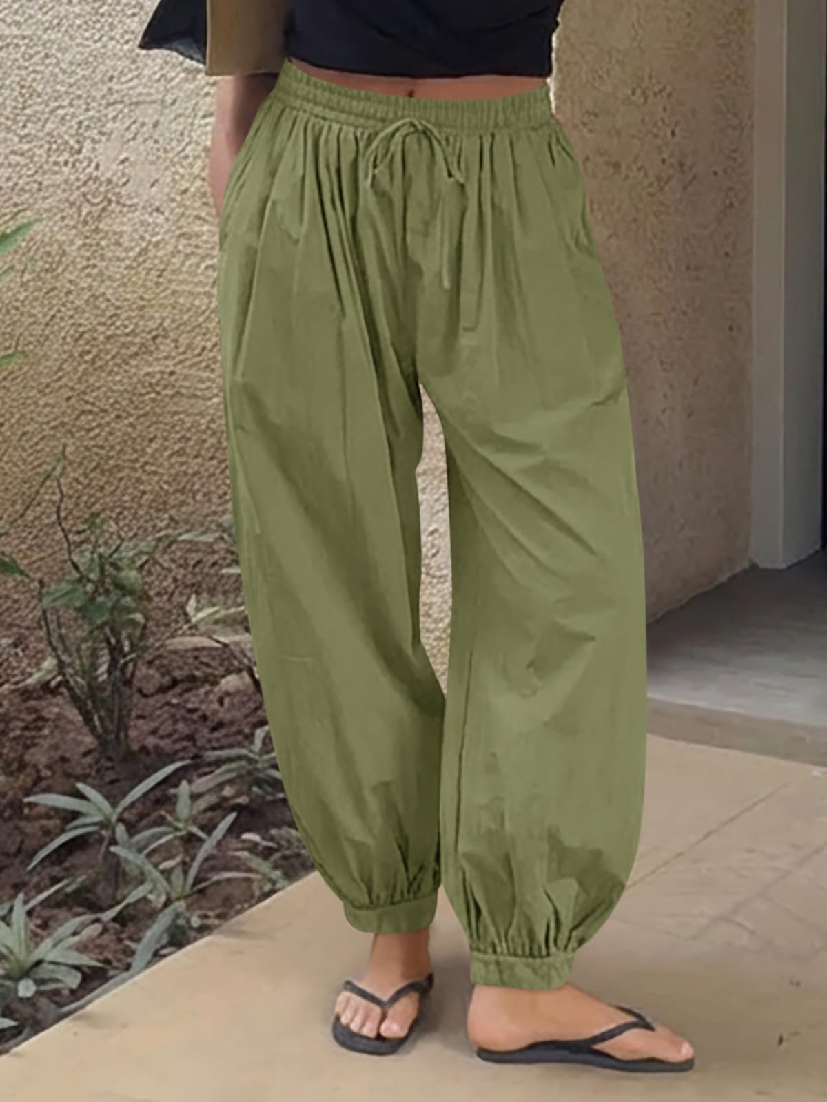 Cicy Bell Womens Baggy Pleated Harem Pants Summer Elastic High Waisted Wide Leg Balloon Cotton Lounge Pants Army Green
