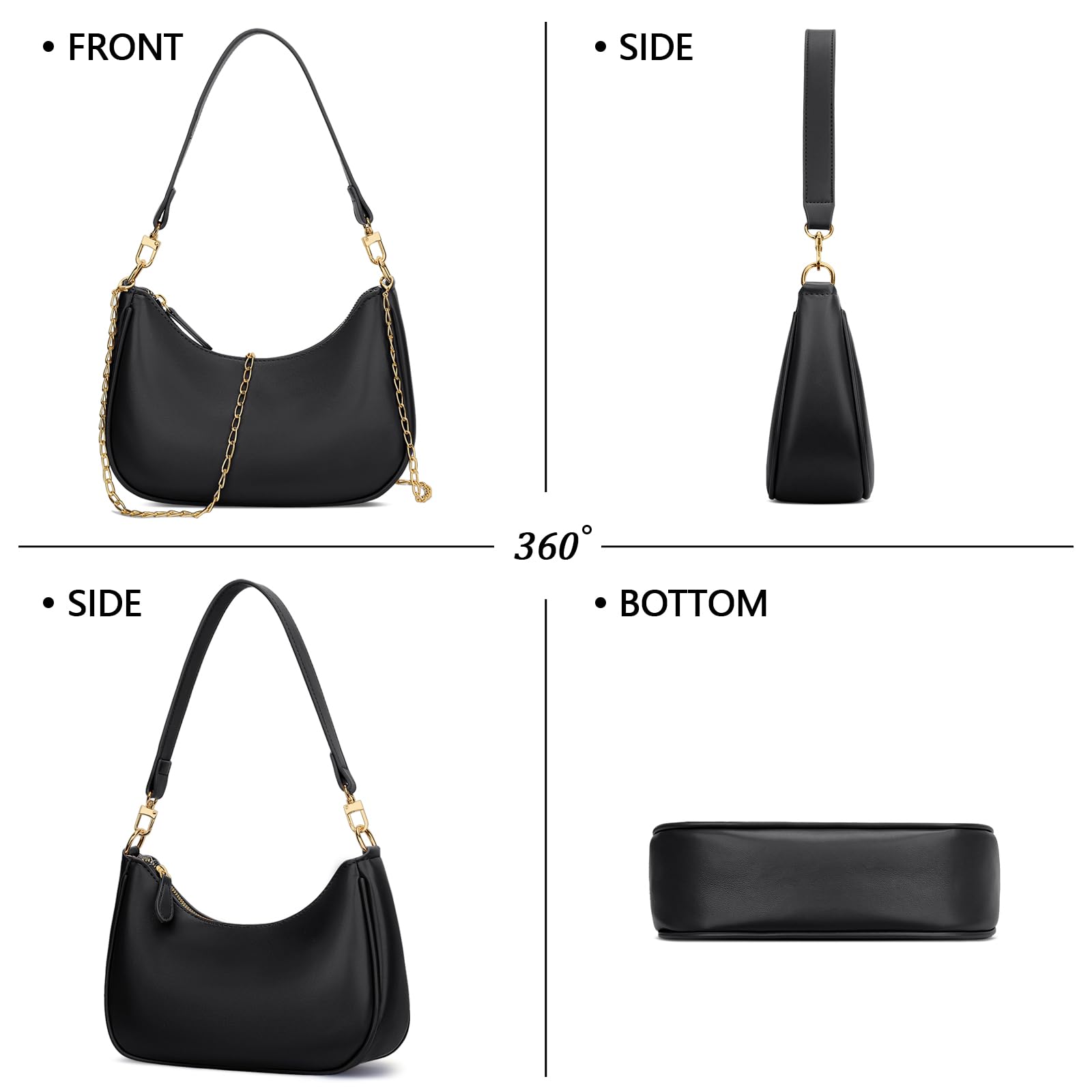 KKXIU Shoulder Bag for Women Cute Hobo and Tote Handbags Retro Clutch Underarm Purse with 2 Removable Straps (Black)