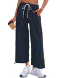 Fisoew Womens Baggy Wide Leg Pants Casual Elastic Waist Drawstring Hiking Workout Cropped Track Pants with Pockets Navy