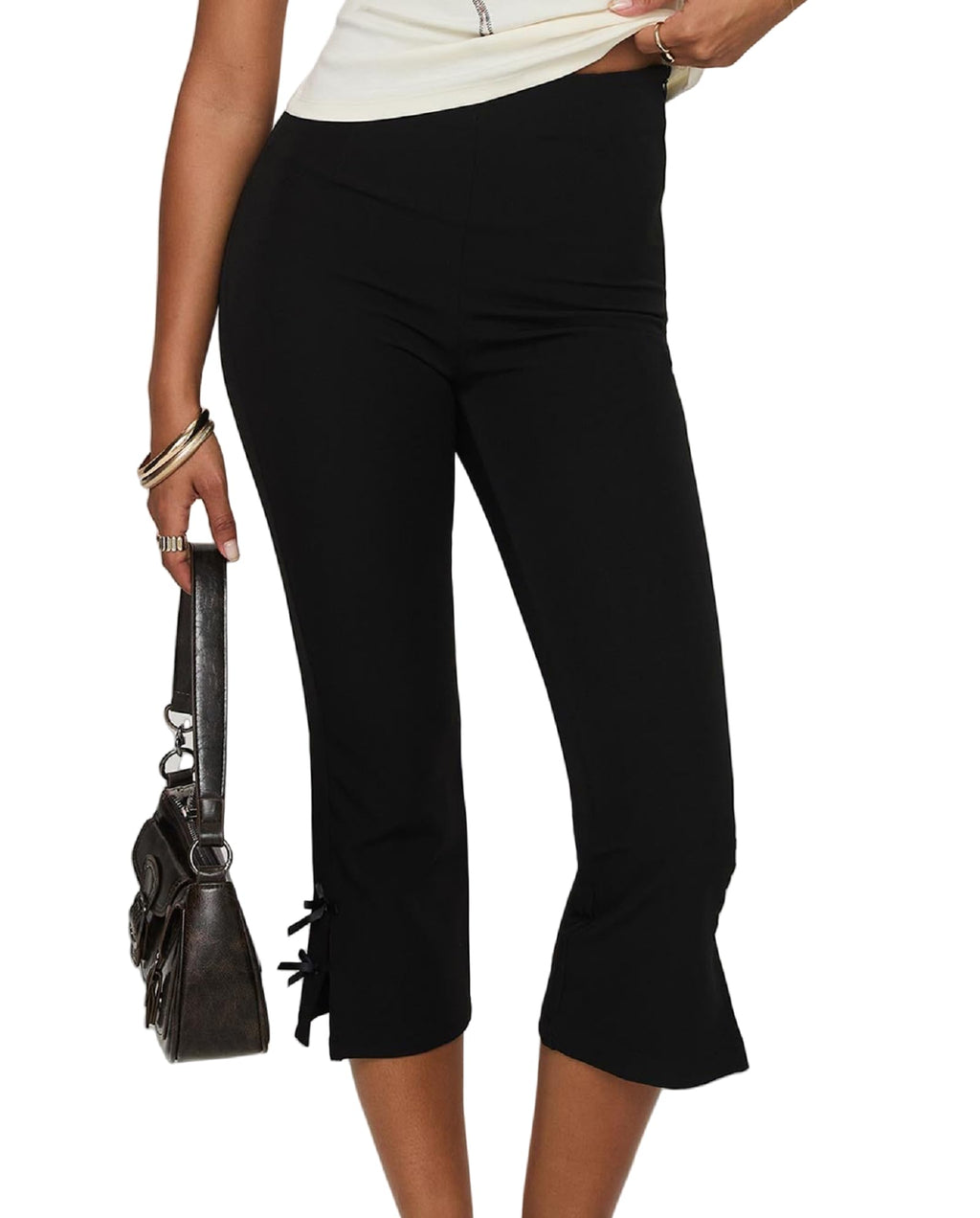 Aonoapll Women Y2k Skinny Capri Pants Cute Bow Tie Capri Leggings Slim Fitted Knee Length Stretchy Cropped Trousers(Bell Black,Large)