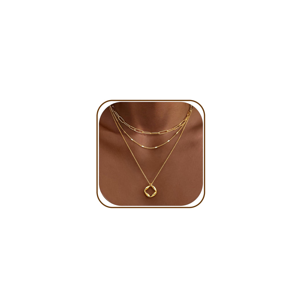 Layered Gold Necklaces for Women,14k Gold Plated Dainty Stackable Choker Necklaces for Women Trendy Layering Geometric Pendant Paperclip Dot Chain Necklace Set Jewelry Set Gifts