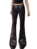 Women Bell Bottom Jeans Stretchy Flare Mid Rise Embroidery Vintage Zipper Denim Pants 90s Outfits Y2k Clothes Brown