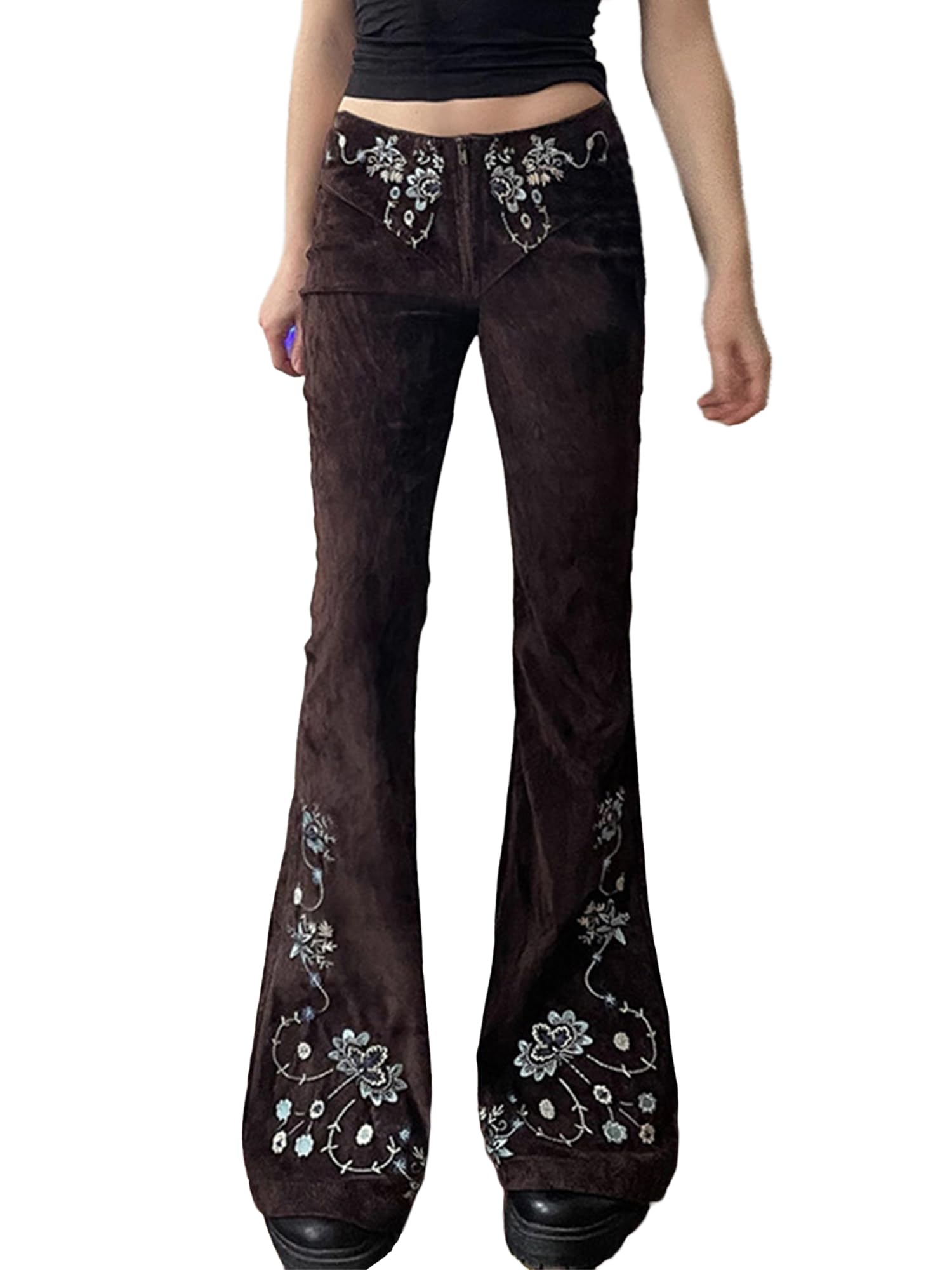 Women Bell Bottom Jeans Stretchy Flare Mid Rise Embroidery Vintage Zipper Denim Pants 90s Outfits Y2k Clothes Brown