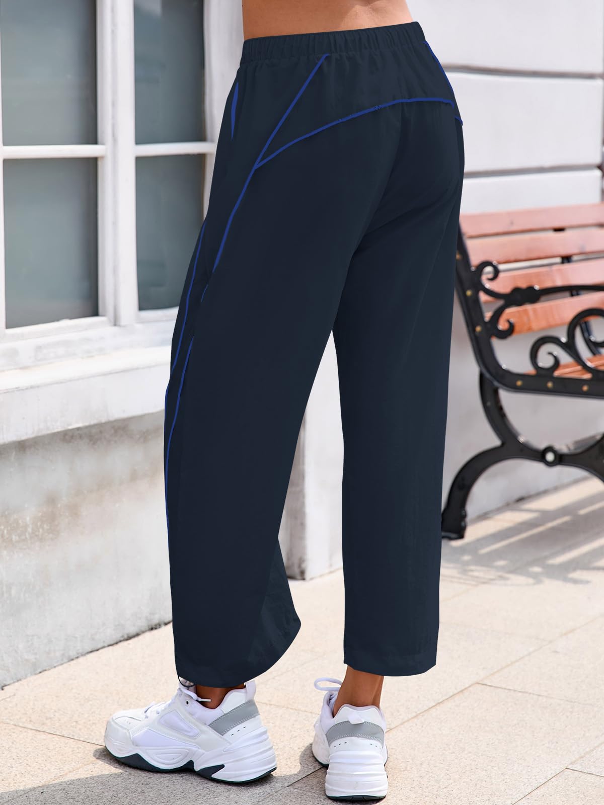 Fisoew Womens Baggy Wide Leg Pants Casual Elastic Waist Drawstring Hiking Workout Cropped Track Pants with Pockets Navy