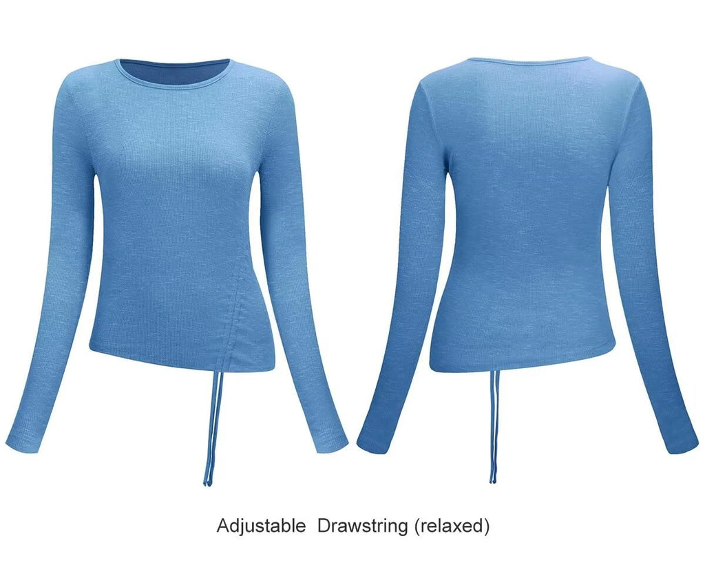 Long Sleeve Workout Tops for Women Side Ruched(Blue,L)