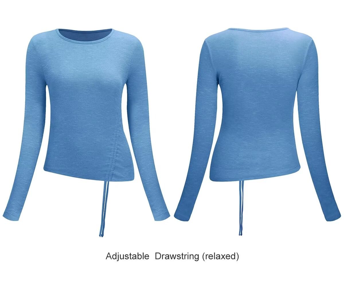 Long Sleeve Workout Tops for Women Side Ruched(Blue,L)