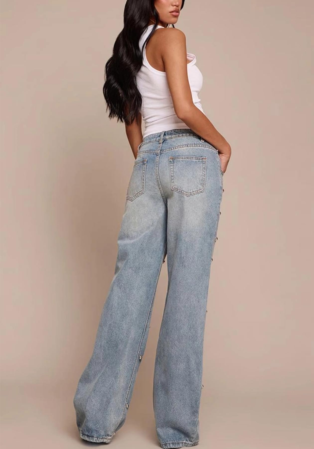 Unybwonn Woman Rhinestone Jeans Baggy Y2k High Waisted Straight Wide Leg Denim Pants Sexy Sparkly Bling Glitter Trousers Blue