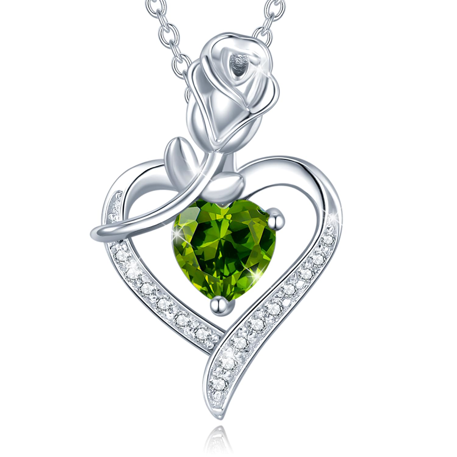 AGVANA August Birthstone Jewelry Peridot Necklace for Women Sterling Silver Rose Flower Heart Pendant Necklace Fine Jewelry Anniversary Birthday Gifts for Women Mom Wife Lady Her
