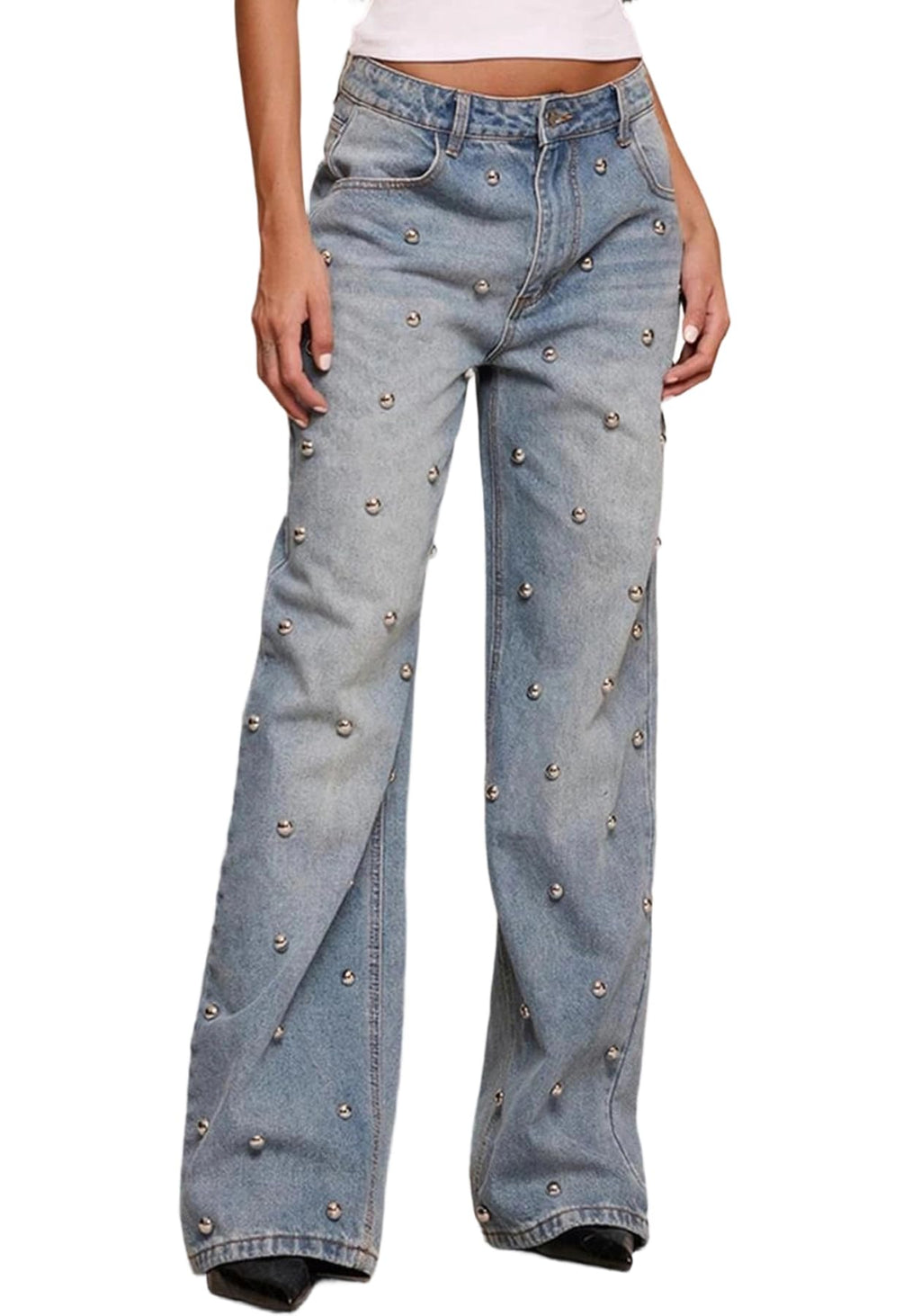 Unybwonn Woman Rhinestone Jeans Baggy Y2k High Waisted Straight Wide Leg Denim Pants Sexy Sparkly Bling Glitter Trousers Blue