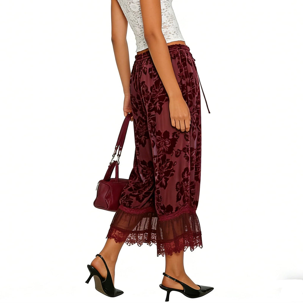 Women Lace Trim Long Bloomers Y2k Elastic Mid Rise Floral Ruffle Pantaloons Flared Slips Pants Pajama Bottoms (Fuchsia, L)
