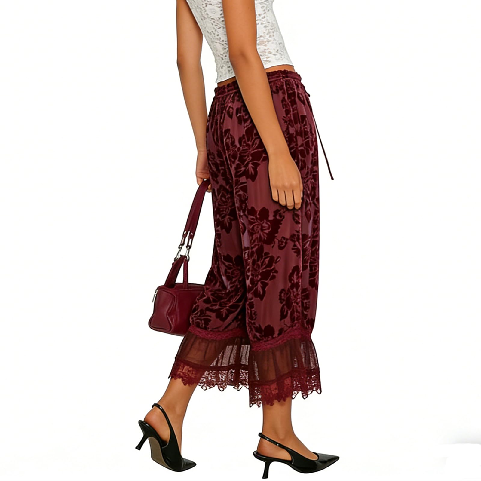 Women Lace Trim Long Bloomers Y2k Elastic Mid Rise Floral Ruffle Pantaloons Flared Slips Pants Pajama Bottoms (Fuchsia, L)