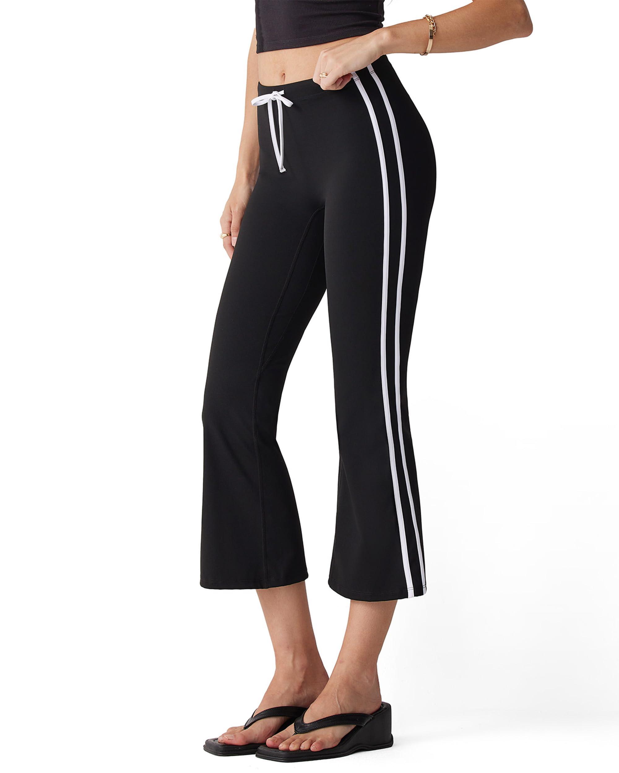 MOOSLOVER Women Flare Capri Yoga Pants High Waisted Side Stripe Drawstring Bootcut Flared Cropped Leggings(L, Black)