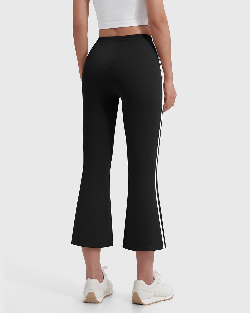 MOOSLOVER Women Flare Capri Yoga Pants High Waisted Side Stripe Drawstring Bootcut Flared Cropped Leggings(L, Black)
