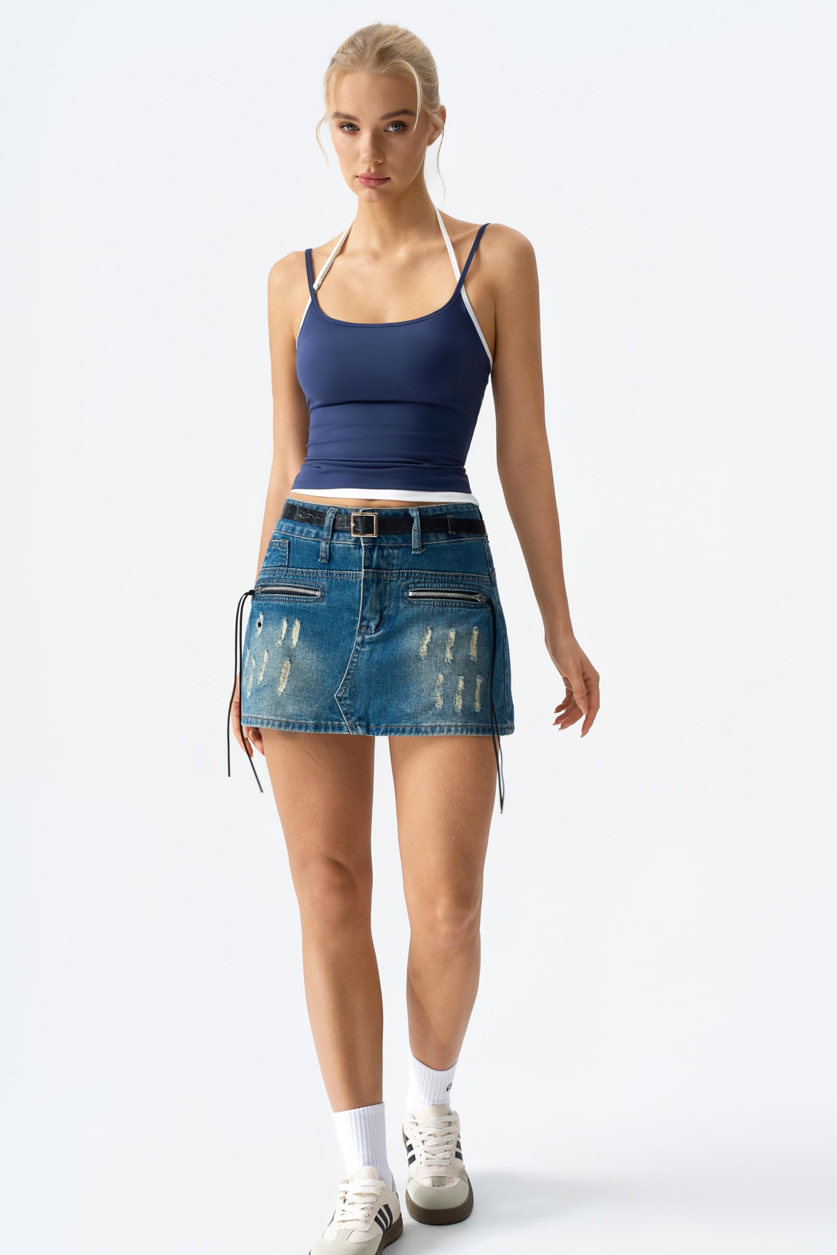 QINSEN Women's Spaghetti Strap Tank Top Slim Fitting Layered Halter Neck Sleeveless Cami Shirt Navy Blue XS