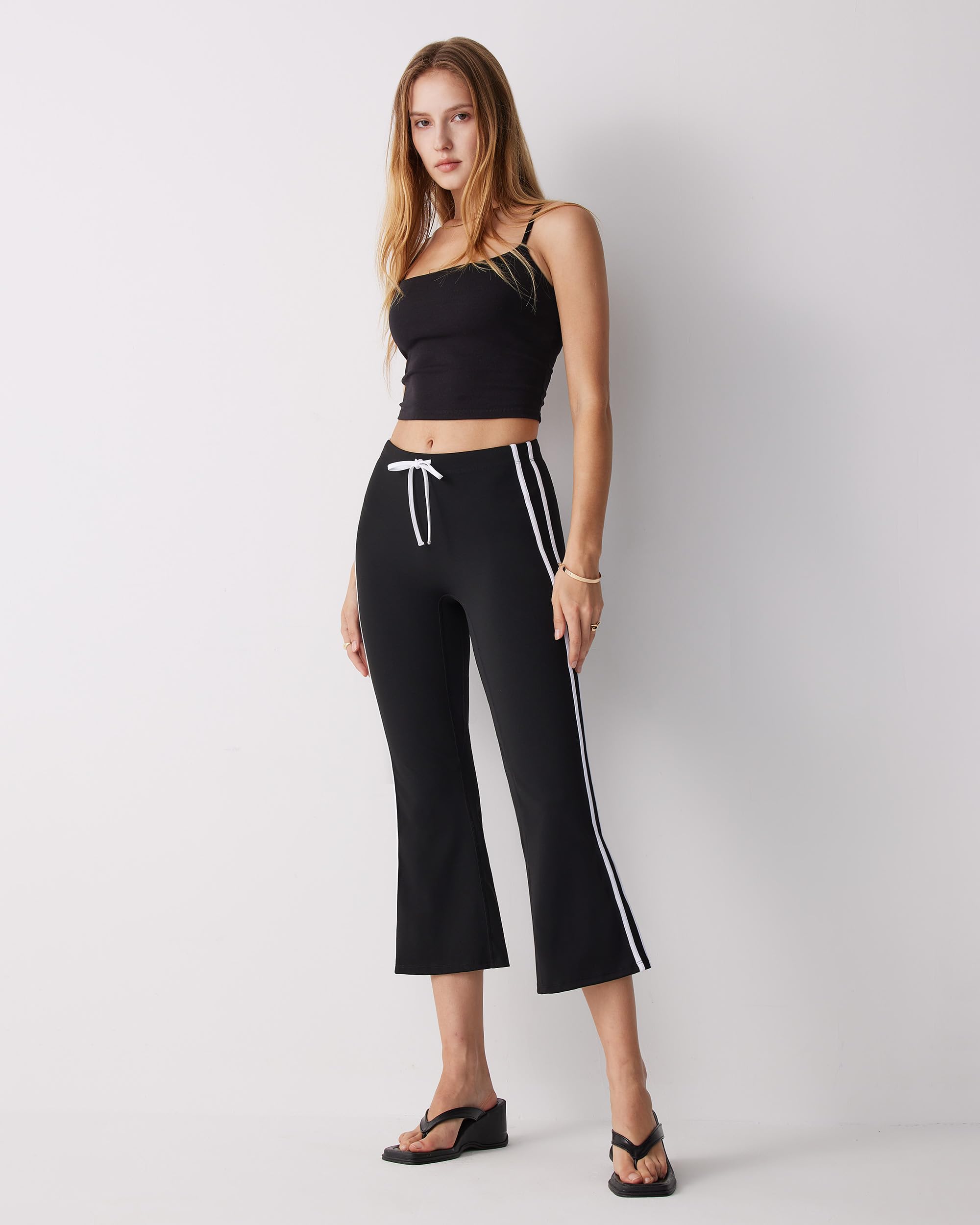 MOOSLOVER Women Flare Capri Yoga Pants High Waisted Side Stripe Drawstring Bootcut Flared Cropped Leggings(L, Black)